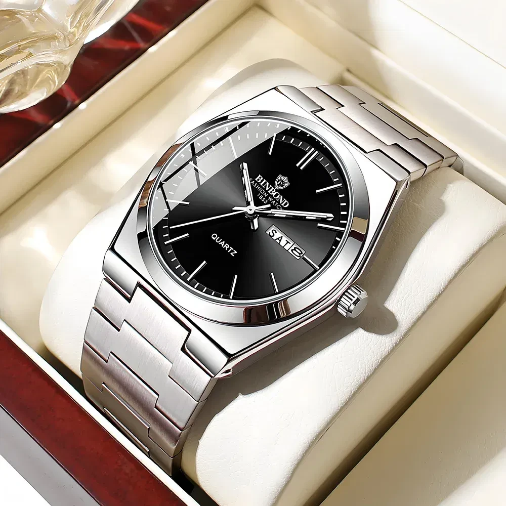 Color: Silver - UTHAI Men Watch Light Luxury Brand Stainless Steel Double Calendar Waterproof Male 