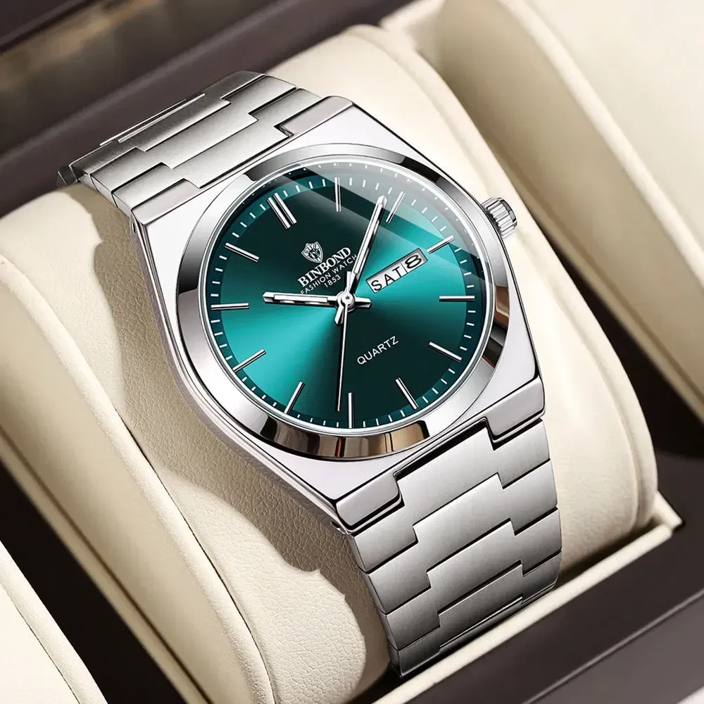 Color: Silver - UTHAI Men Watch Light Luxury Brand Stainless Steel Double Calendar Waterproof Male 