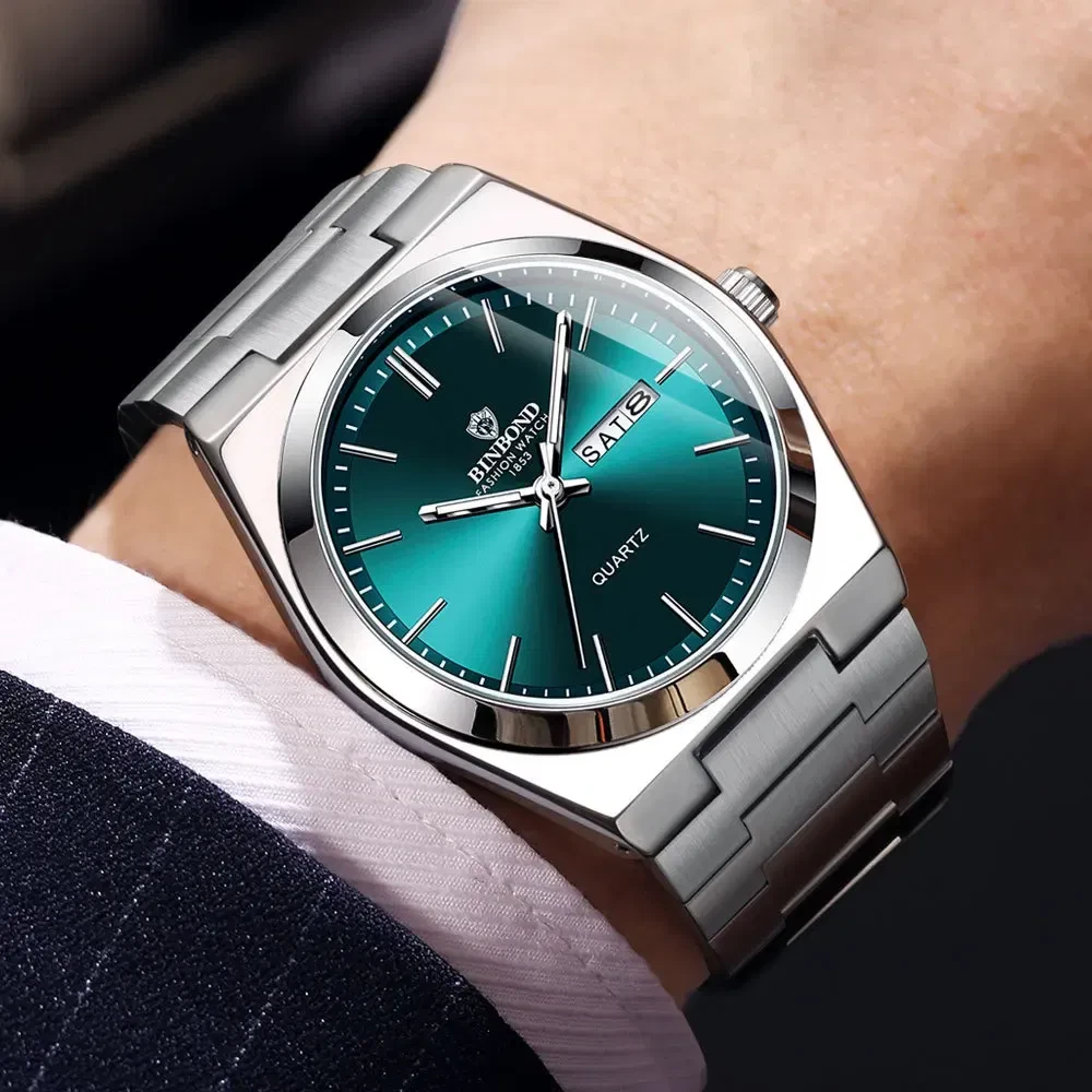Color: Rose - UTHAI Men Watch Light Luxury Brand Stainless Steel Double Calendar Waterproof Male Bu