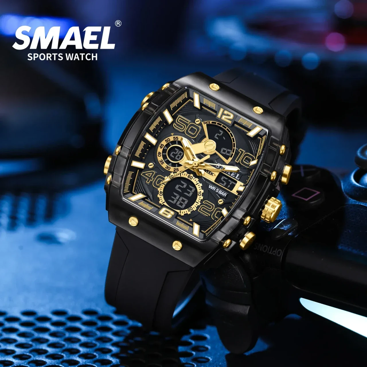 Color: BRONZE - SMAEL 8109 New Men's Watch Multifunctional Sports 50M Waterproof Dual Display LED N