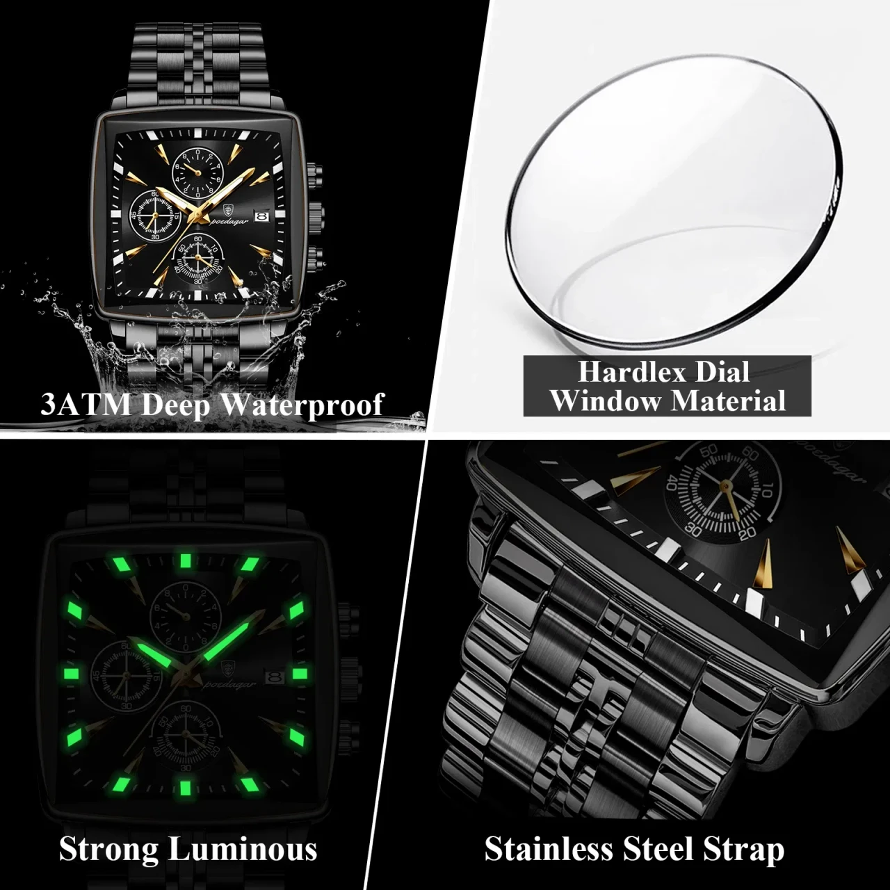 POEDAGAR Business Men Clock Waterproof Luminous Calendar Chronograph Square Man Watch Stainless Ste