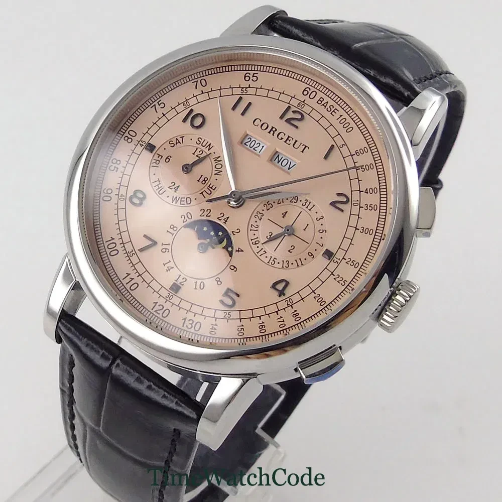 Color: Other - Corgeut 42mm Automatic Men's Watch Date Day Month Year Rose Gold Dial Multifunction 