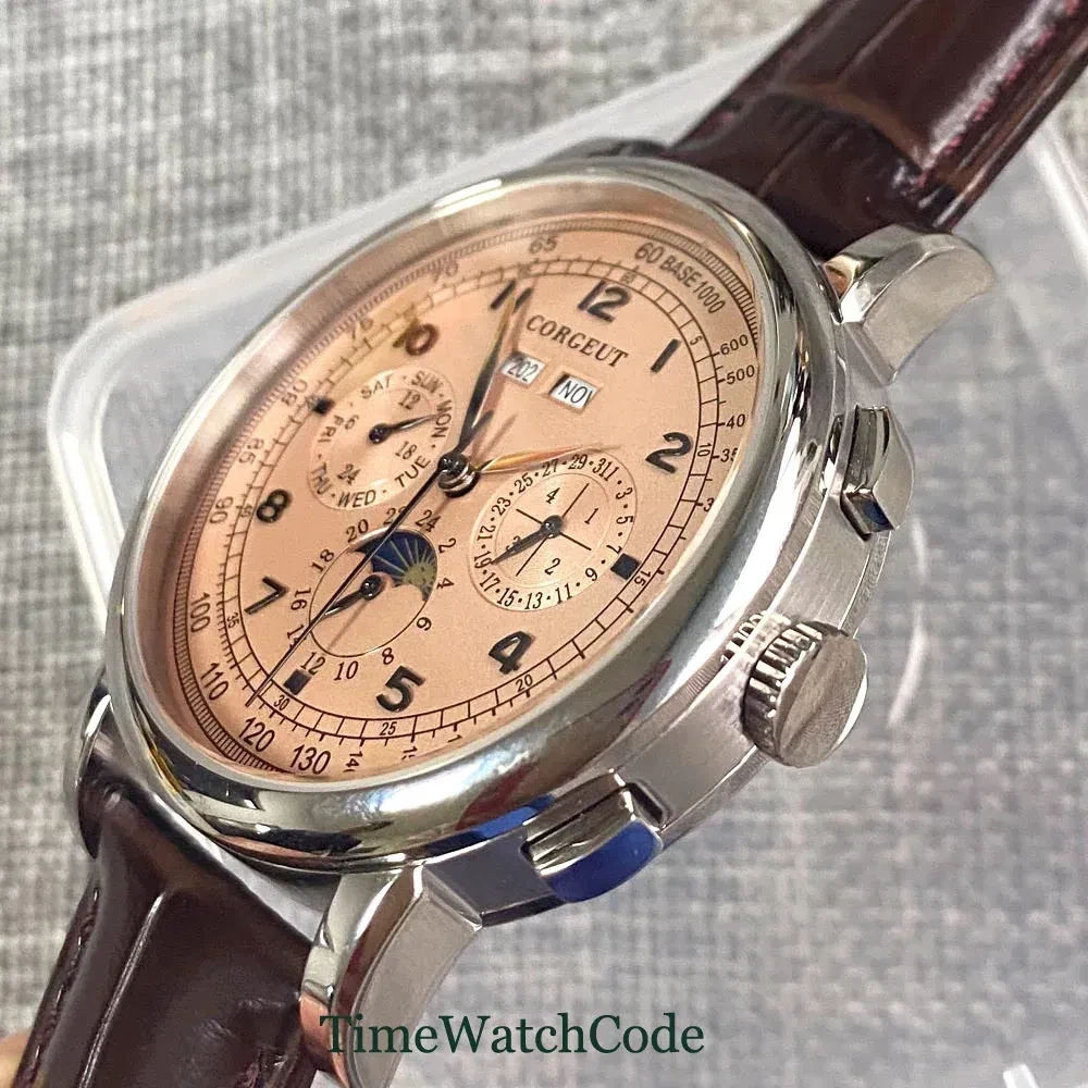 Color: Other - Corgeut 42mm Automatic Men's Watch Date Day Month Year Rose Gold Dial Multifunction 