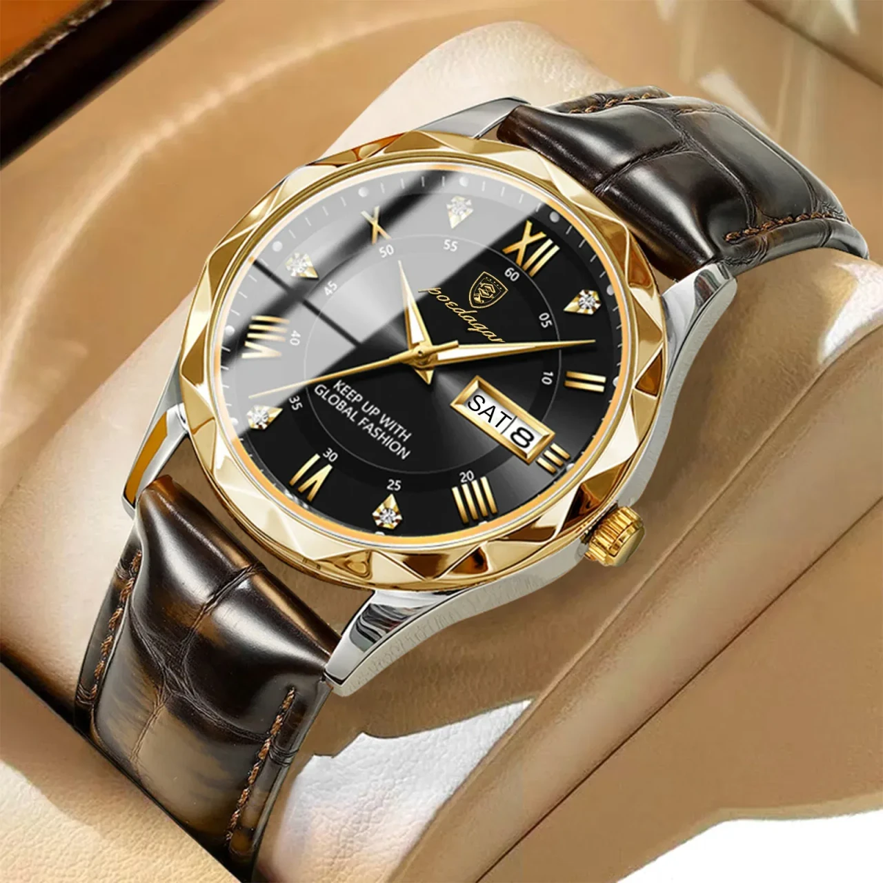 Color: Coffee - POEDAGAR Luxury Business Man Wristwatch Waterproof Luminous Date Week Men Watch For