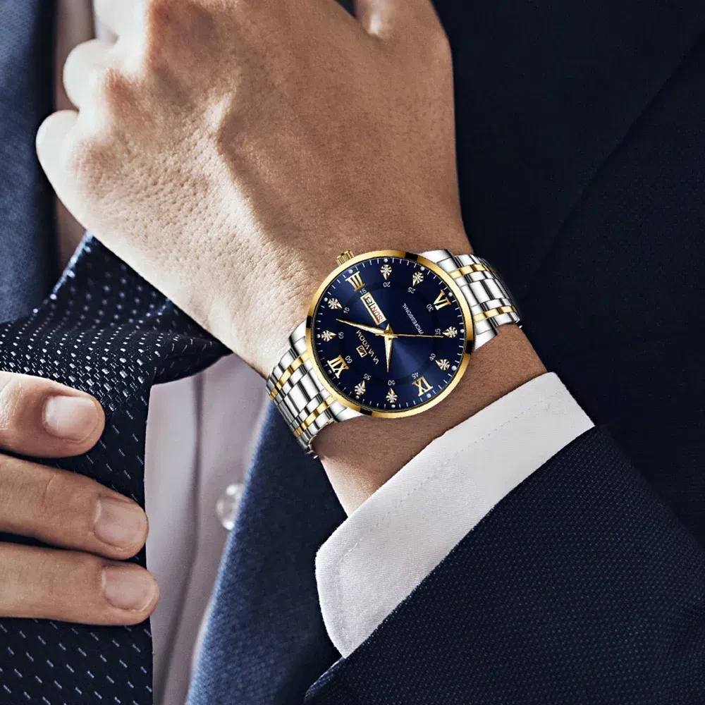 Color: Pink - Top Brand Men Watch Stainless Steel Top Quailty Luxury Push Button Hidden Clasp Water