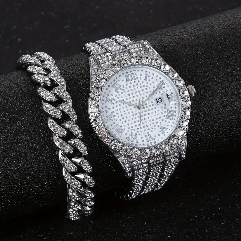 Color: Silver - Fashion Hip-hop Cuban Bracelet & Men's Steel Band Faux Diamond Watch, Fashion Men's