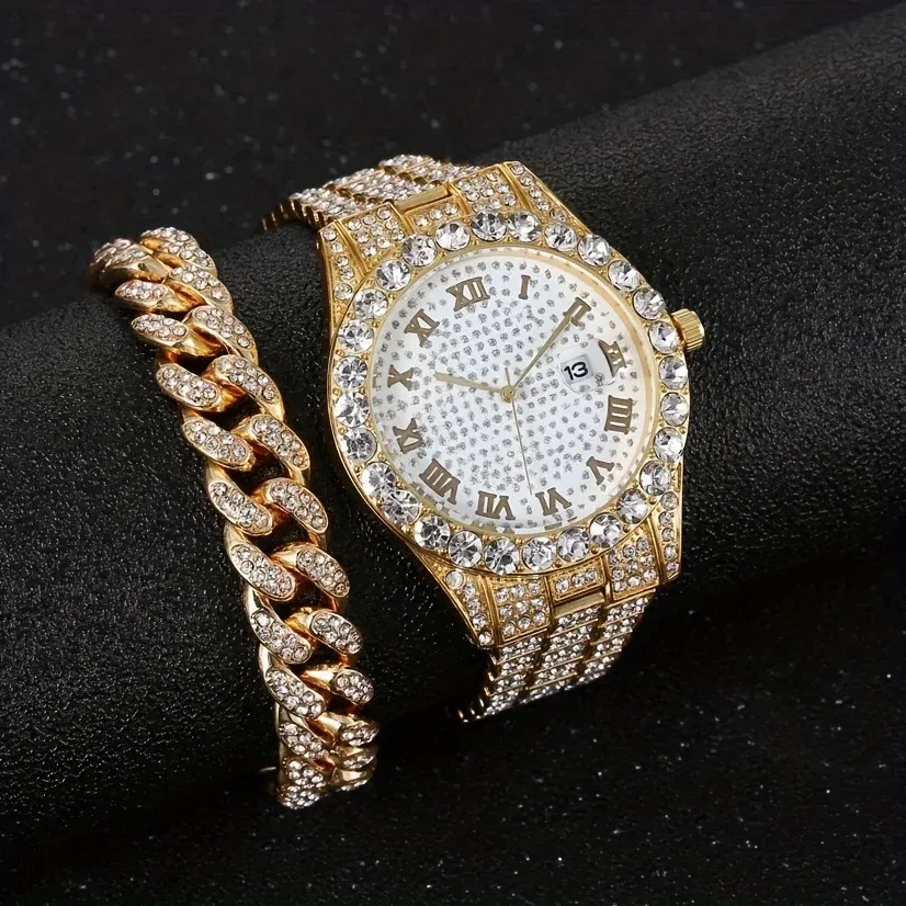 Color: Silver - Fashion Hip-hop Cuban Bracelet & Men's Steel Band Faux Diamond Watch, Fashion Men's