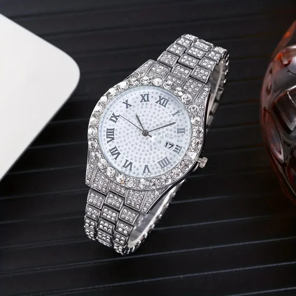 Color: Silver - Fashion Hip-hop Cuban Bracelet & Men's Steel Band Faux Diamond Watch, Fashion Men's