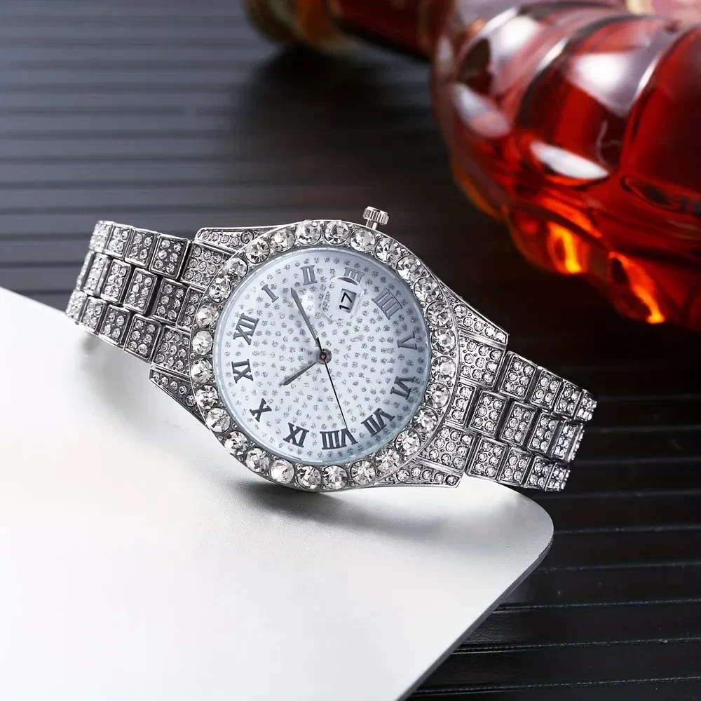 Color: Silver - Fashion Hip-hop Cuban Bracelet & Men's Steel Band Faux Diamond Watch, Fashion Men's