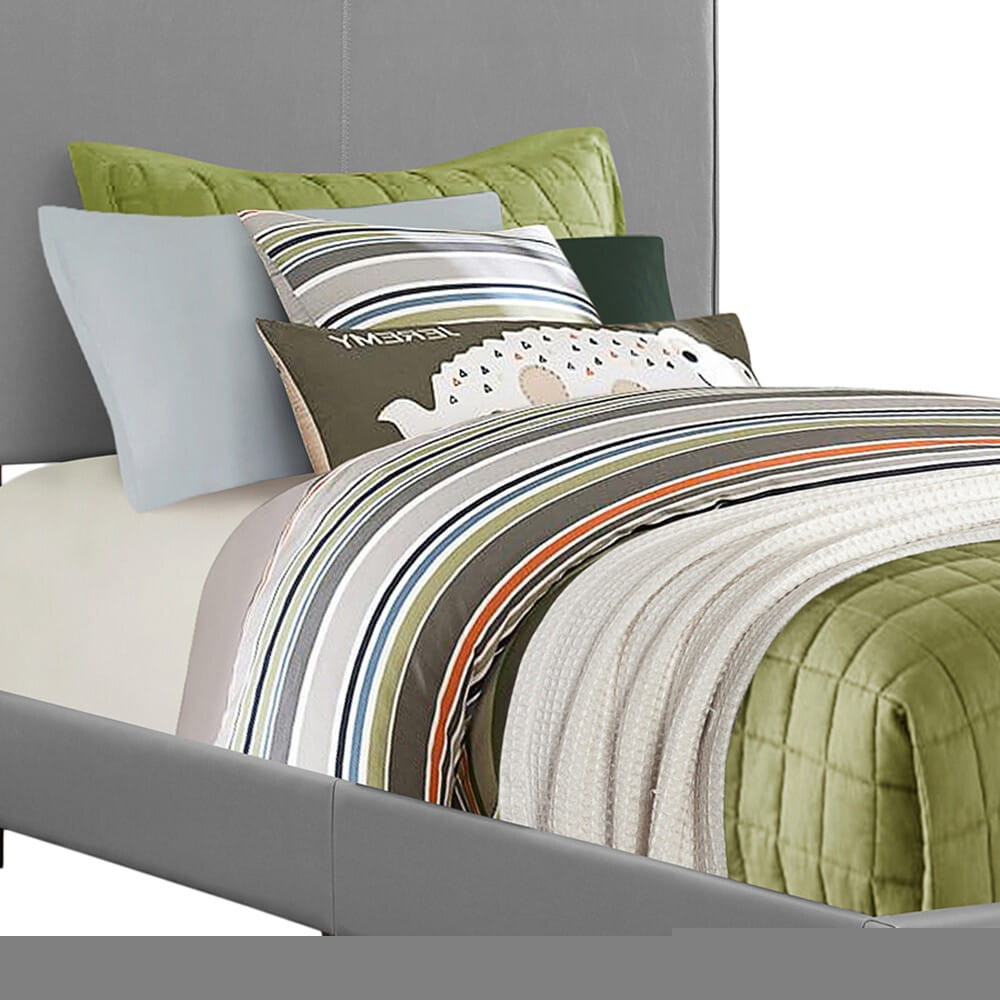 Solid Wood Twin Gray Upholstered Faux Leather Bed