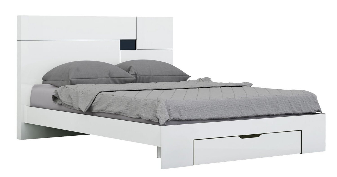 White Wood King Platform Bed Frame With Storage Drawer