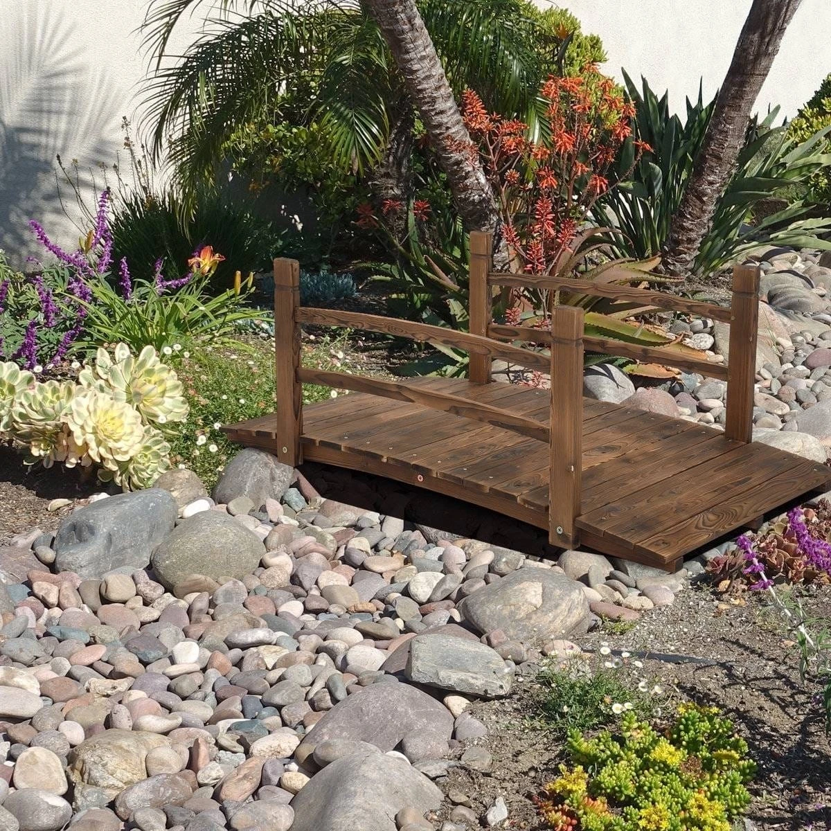 Solid Dark Wood 4-Ft Garden Bridge with Handrails