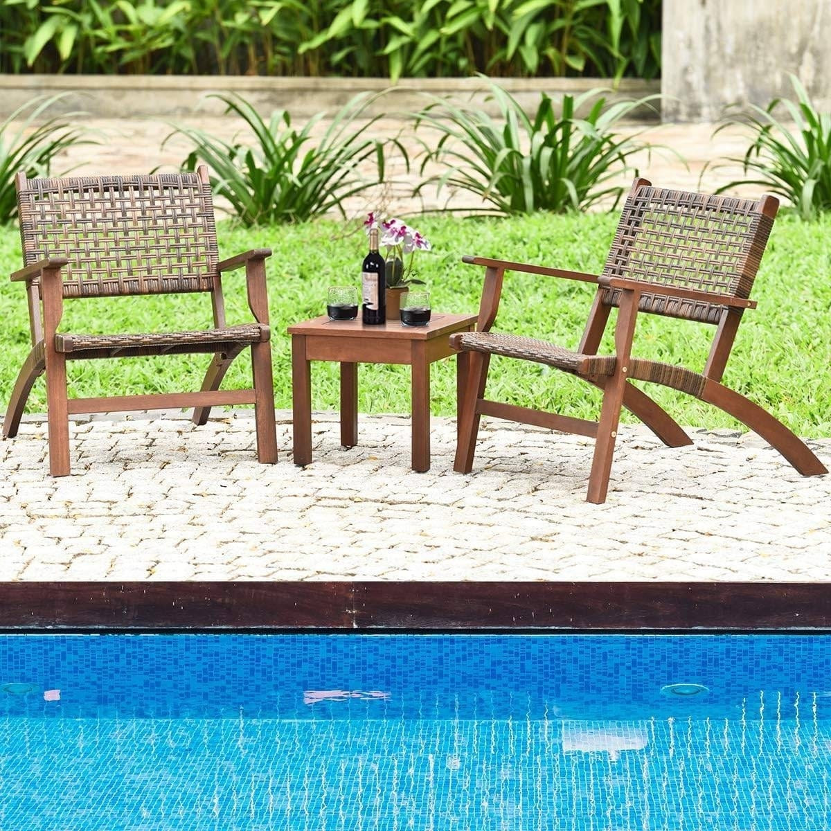 Solid Wood and Rattan 3-Piece Outdoor Patio Furniture Table Chairs Set