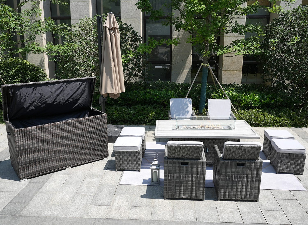 Ten Piece Outdoor Gray Wicker Multiple Chairs Seating Group Fire Pit Included with White Cushions