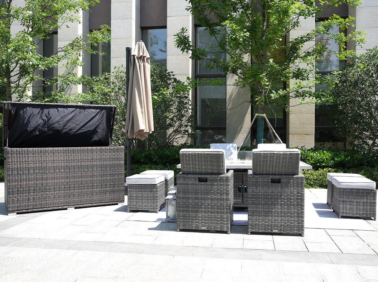 Ten Piece Outdoor Gray Wicker Multiple Chairs Seating Group Fire Pit Included with White Cushions
