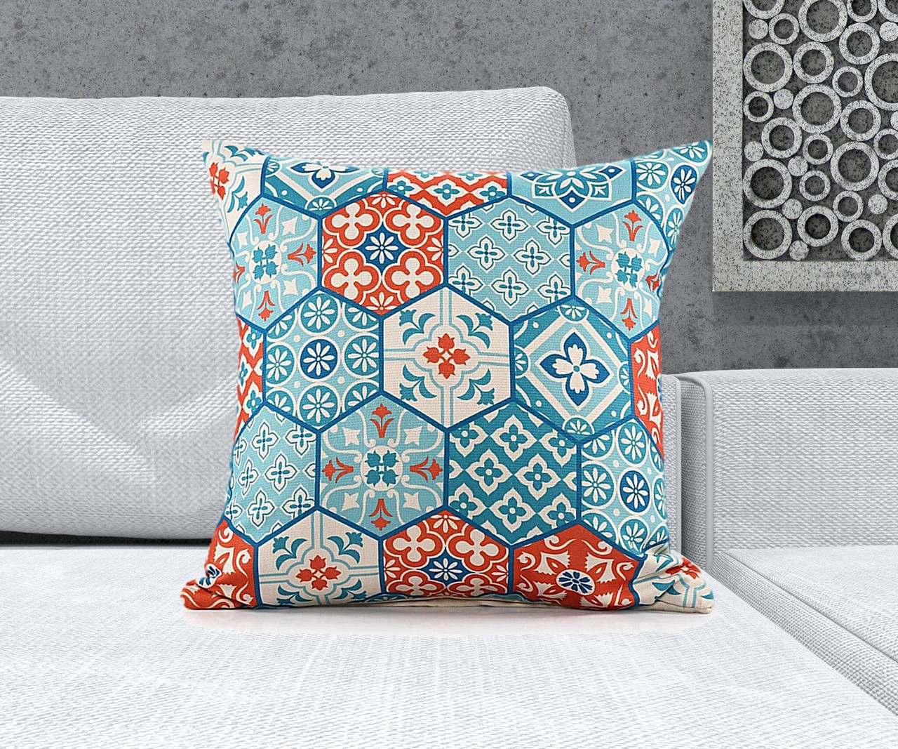 20" X 20" Blue Zippered Patchwork Indoor Outdoor Throw Pillow