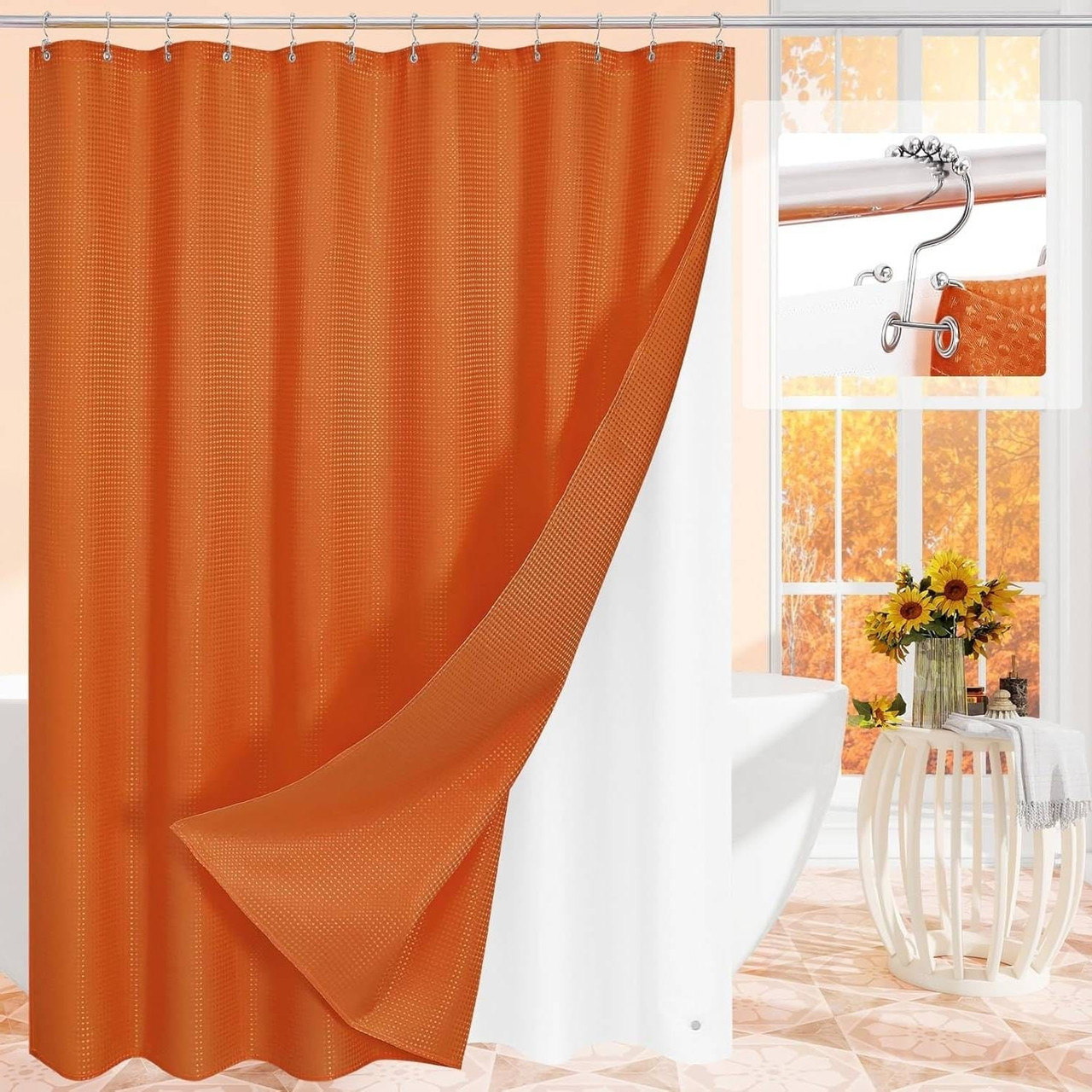72"W x 78"H Burnt Orange Waffle Textured Shower Curtain Set with Liner