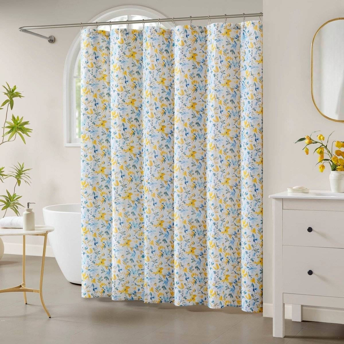 72"W x 72"H 100-Percent Cotton Yellow Blue Floral Print Shower Curtain