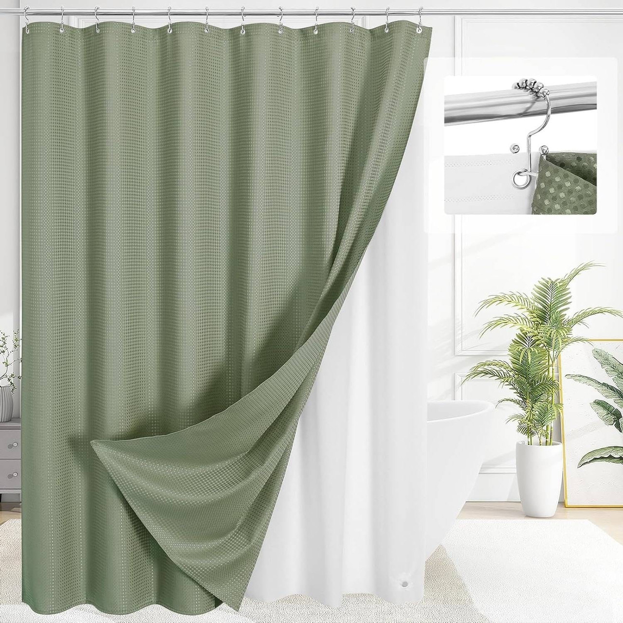 72"W x 78"H Sage Green Waffle Textured 3 in 1 Shower Curtain Set