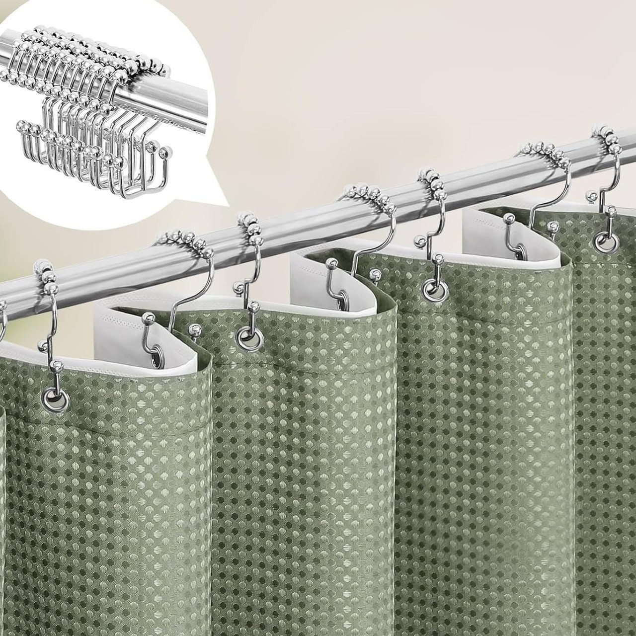 72"W x 78"H Sage Green Waffle Textured 3 in 1 Shower Curtain Set