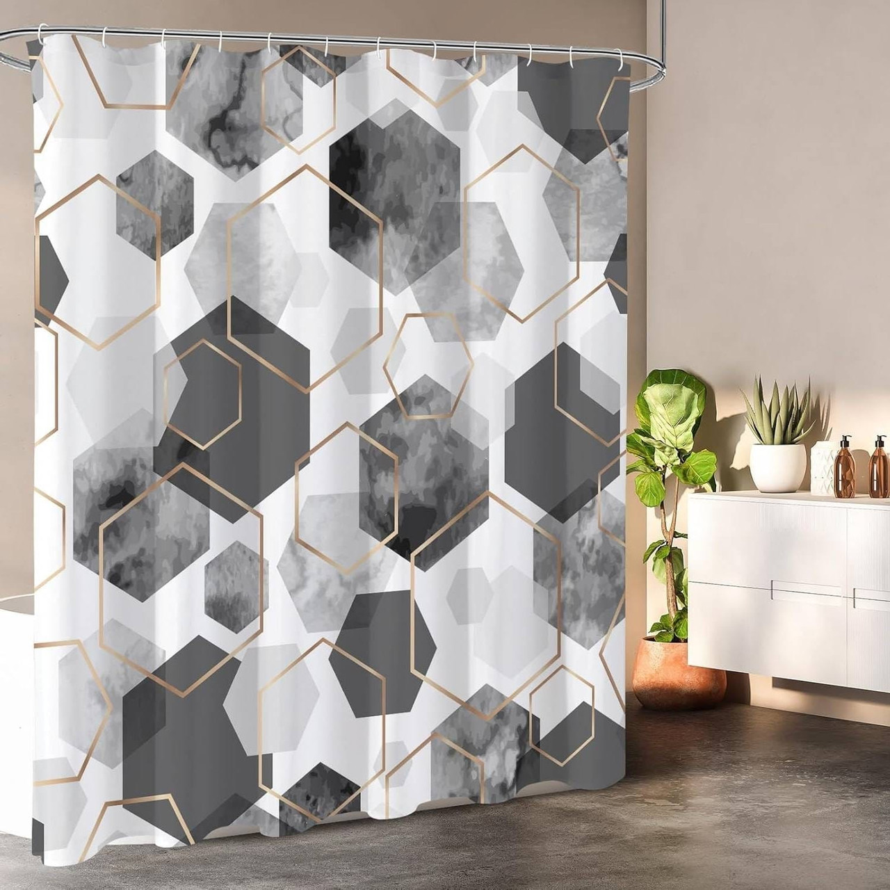 72"W x 78"H Gray White Geometric Hexagon Pattern Polyester Shower Curtain