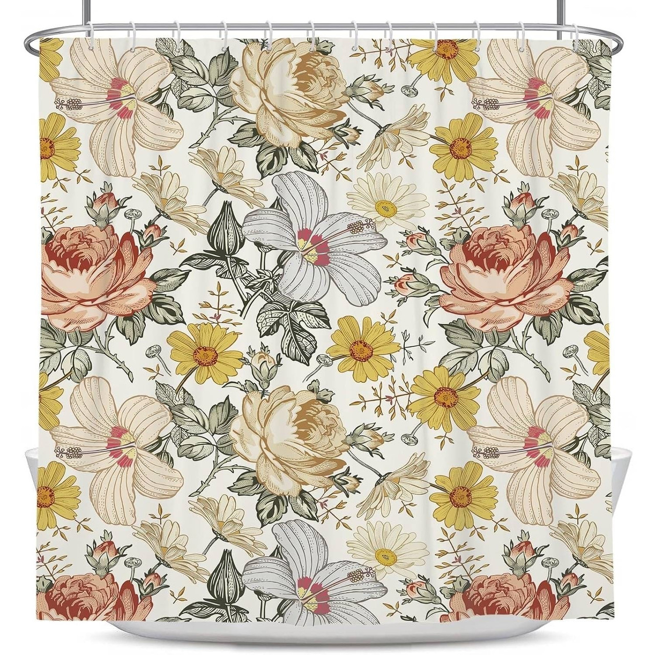 72"W x 72"H Vintage Floral Peony Yellow/Pink Polyester Shower Curtain