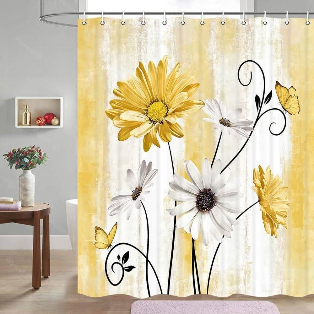 72"W x 78"H Yellow  Vibrant Floral Butterfly Polyester Shower Curtain
