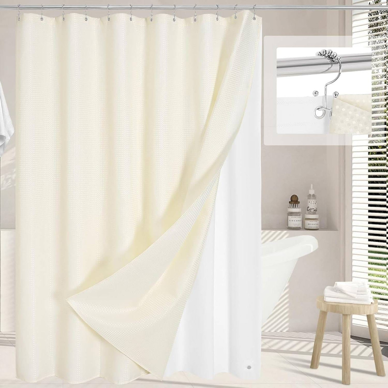 72"W x 84"H Ivory Waffle Textured Shower Curtain Set with Liner