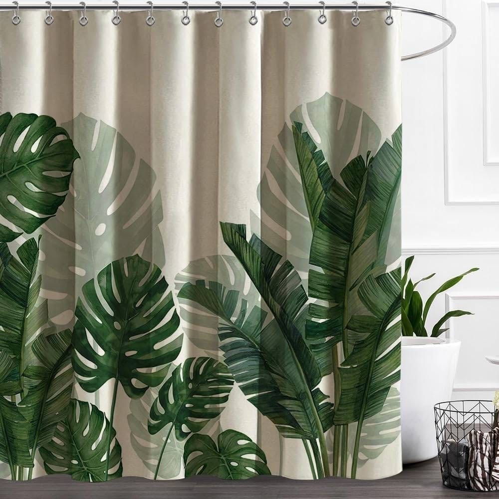72"W x 72"H Tropical Green Leaves Linen Polyester Blend Shower Curtain
