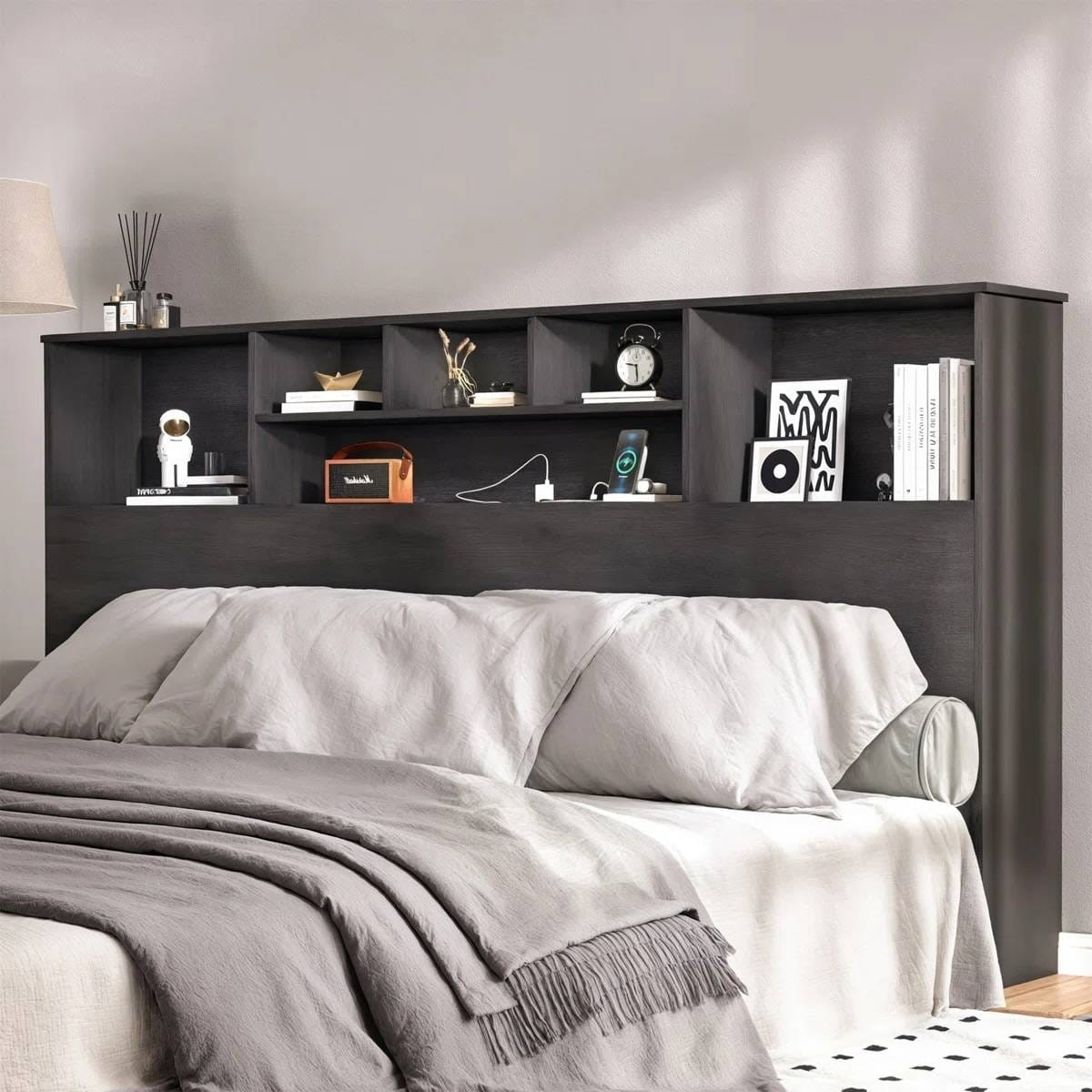 King size Bookcase Headboard in Black Wood Finish with LED Lights