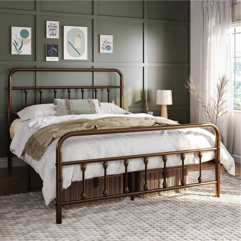 Queen size Vintage Bronze Metal Platform Bed Frame with Headboard and Footboard
