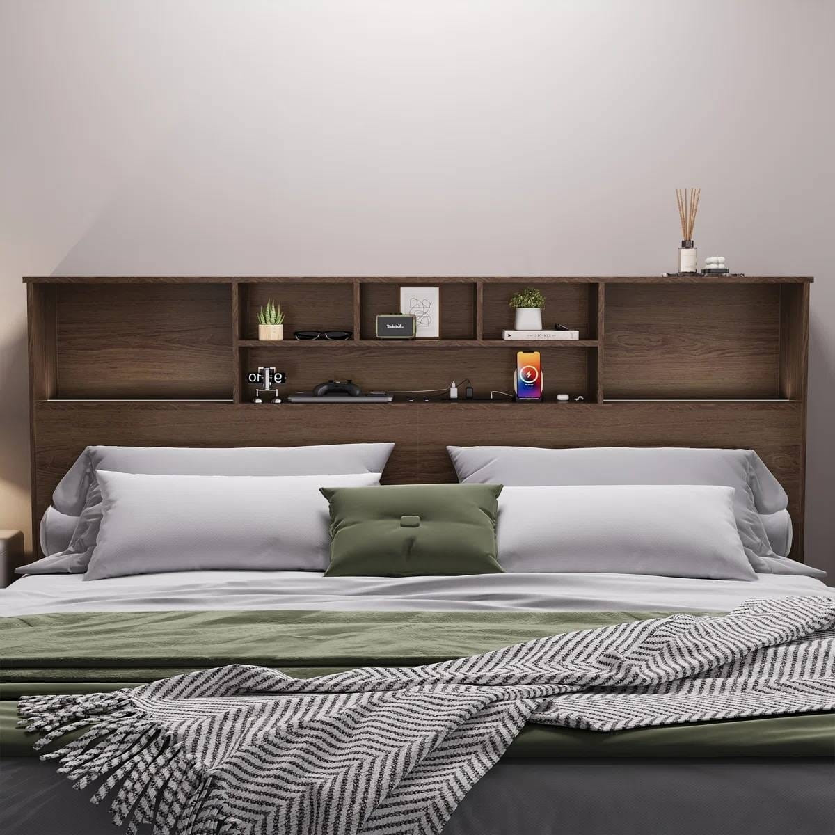 King size Bookcase Headboard in Brown Wood Finish with LED Lights