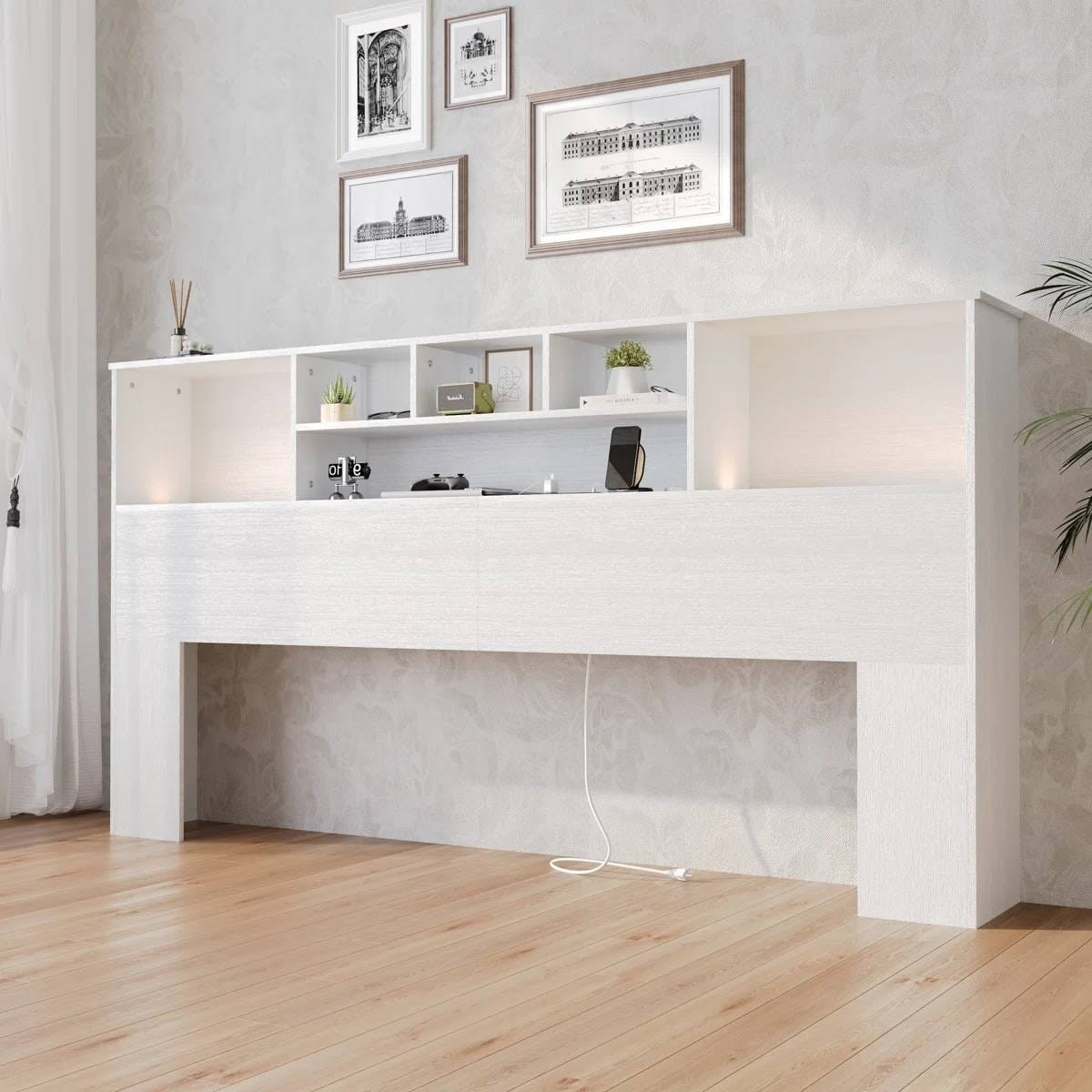 King size Bookcase Headboard in White Wood Finish with LED Lights