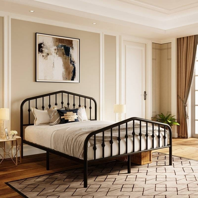 Full Size Vintage Farmhouse Spindle Black Metal Platform Bed