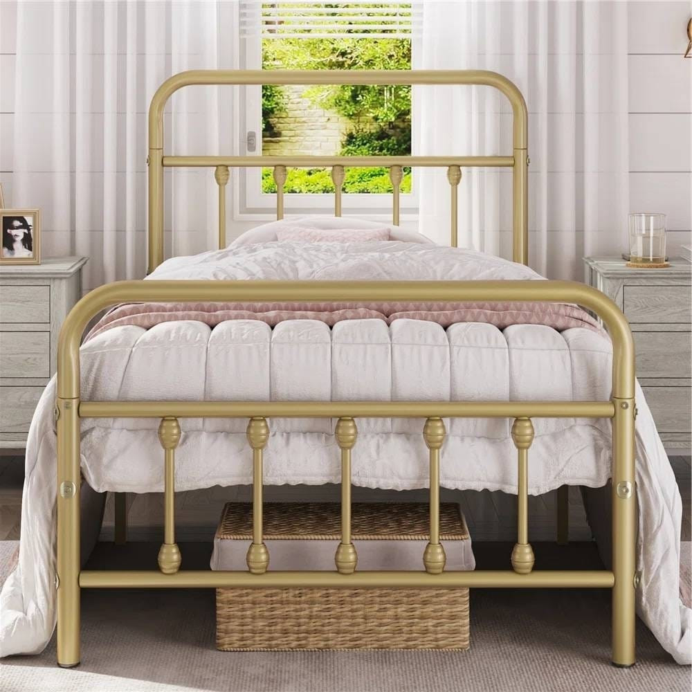 Twin Vintage Antique Gold Metal Platform Bed with Headboard and Footboard