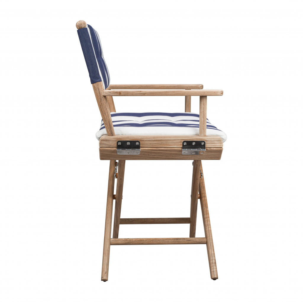 23" Blue and White and Natural Wood Solid Wood Indoor Outdoor Director Chair with Blue and White Cu