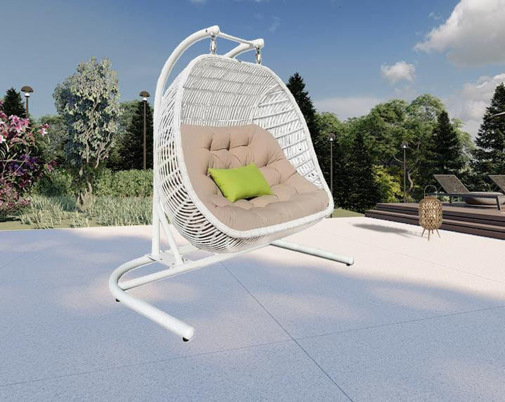 69" Beige and White Metal Indoor Outdoor Swing Chair with Beige Cushion