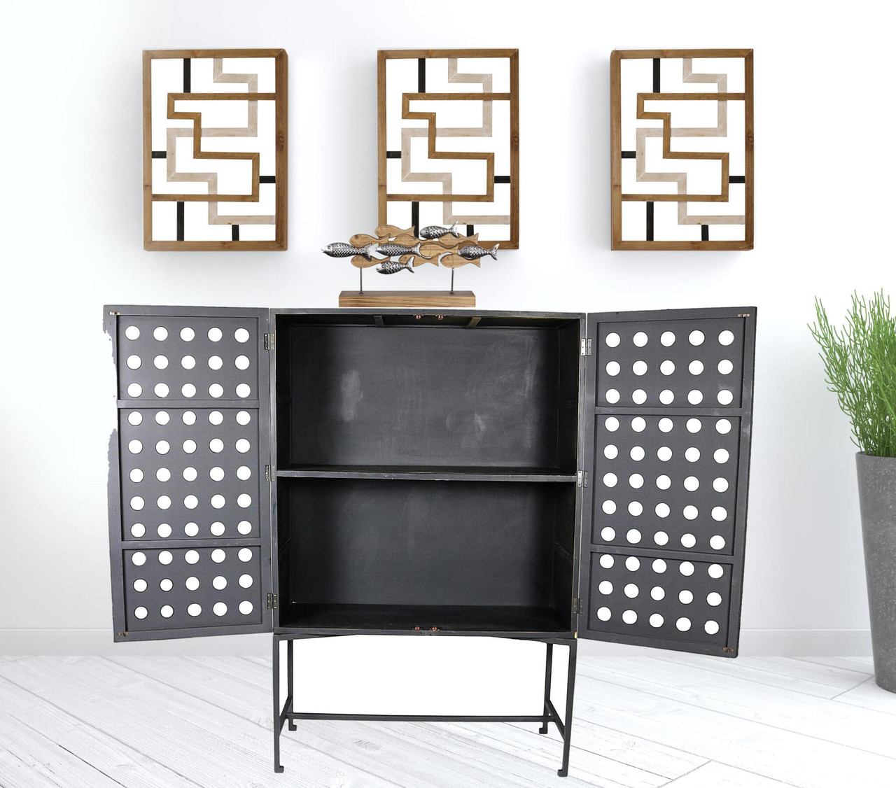 48" Dark Gray Solid Wood and Metal Holey Two Door Accent Chest