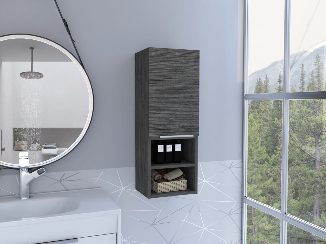 32" Smoky Gray Oak Accent Cabinet With Three Shelves