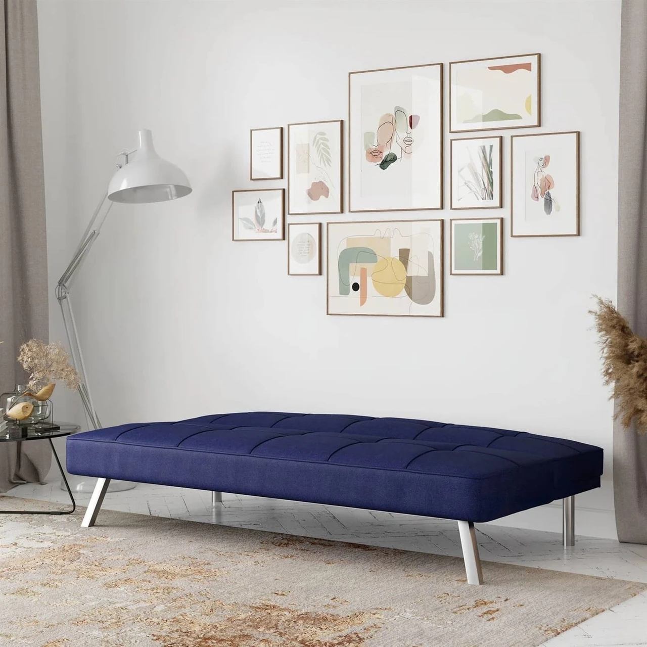 Modern Futon Sofa Bed in Navy Blue Fabric with Chrome Metal Legs