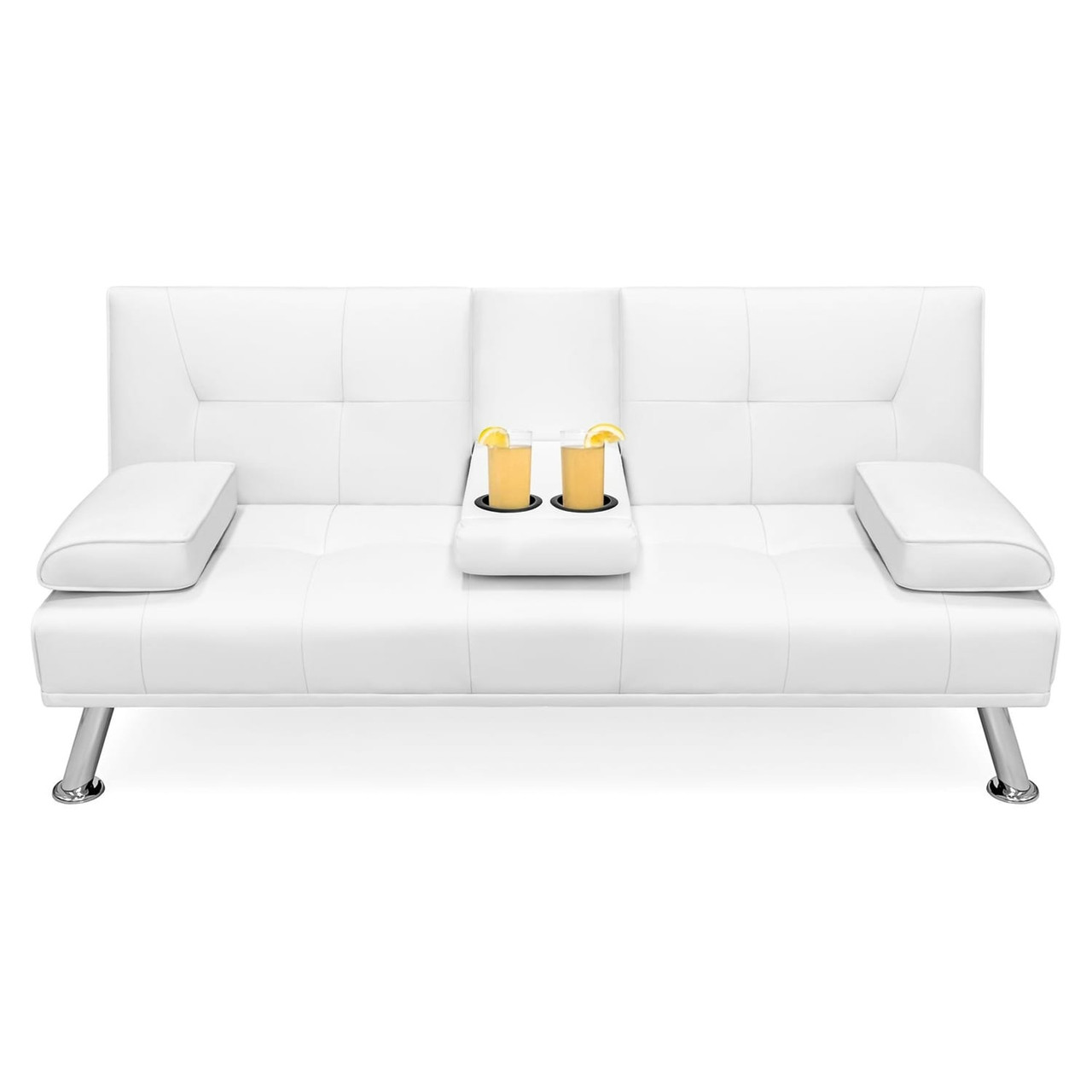 White Faux Leather Convertible Sofa Futon with 2 Cup Holders