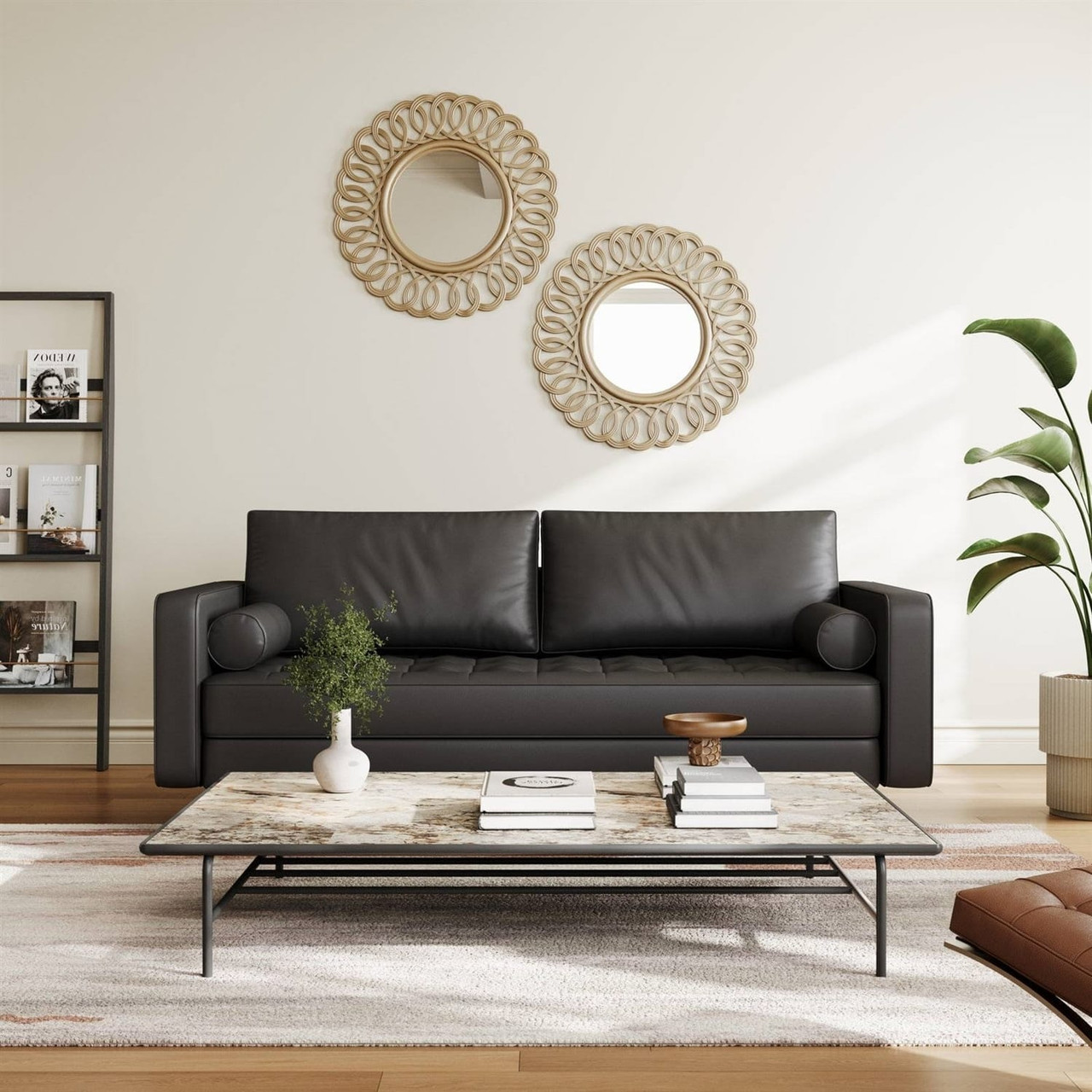 Black Upholstered Faux Leather Sofa w/ Pillows Solid Hardwood Legs