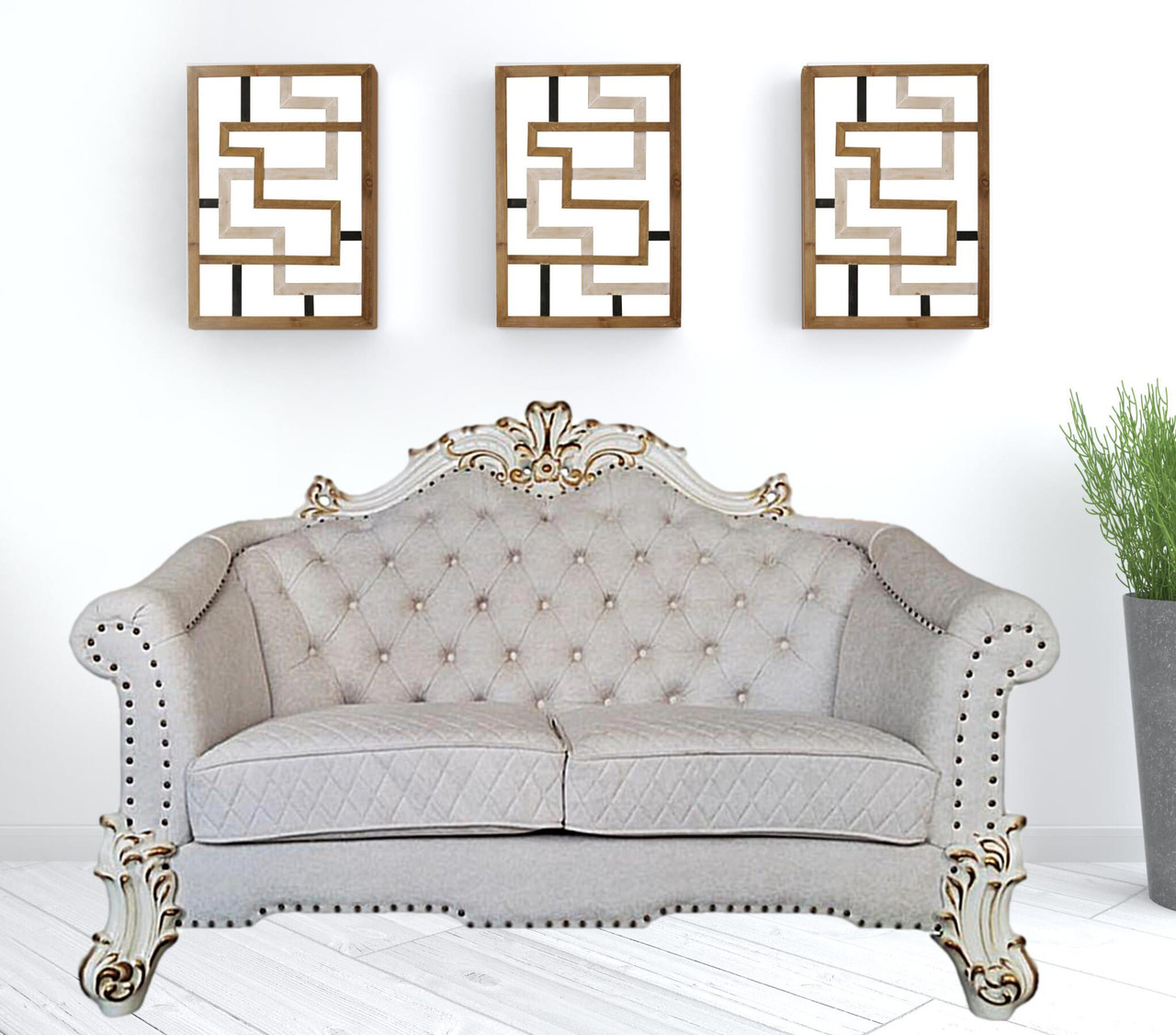 66" Two Tone Ivory And Pearl Velvet Loveseat and Toss Pillows