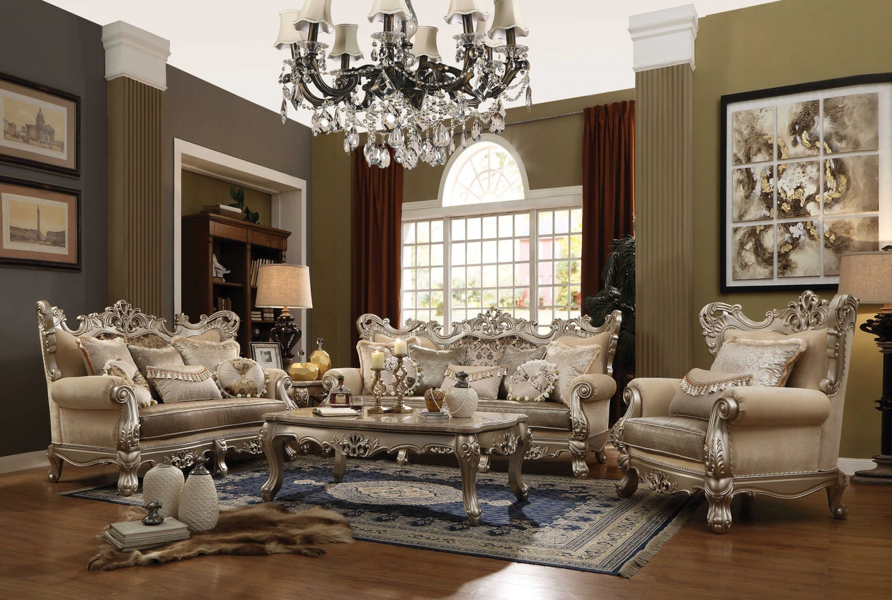 72" Cream And Platinum Damask Chesterfield Loveseat and Toss Pillows