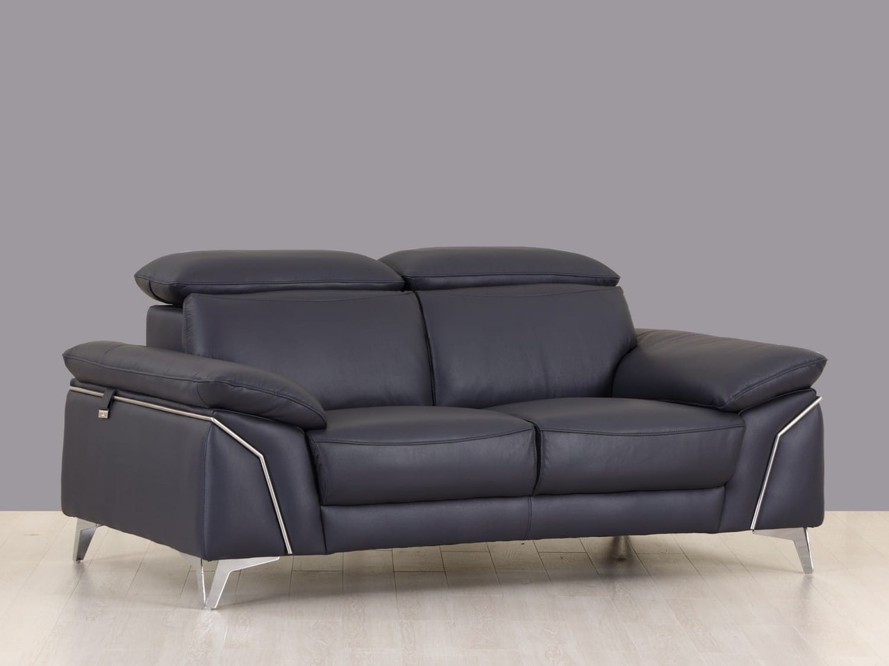 71" Navy Blue And Silver Genuine Leather Loveseat