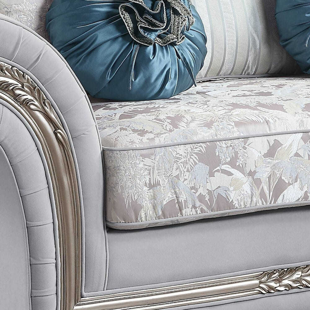 76" Light Gray And Platinum Linen Loveseat and Toss Pillows