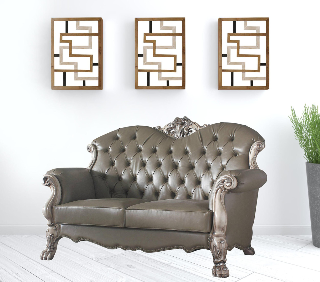 71" Bone Faux Leather Loveseat and Toss Pillows
