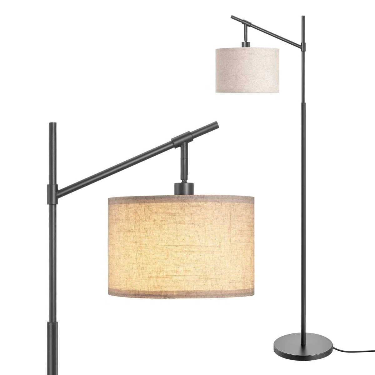 63-inch Black Modern Arc Floor Lamp with Beige Linen Drum Shade