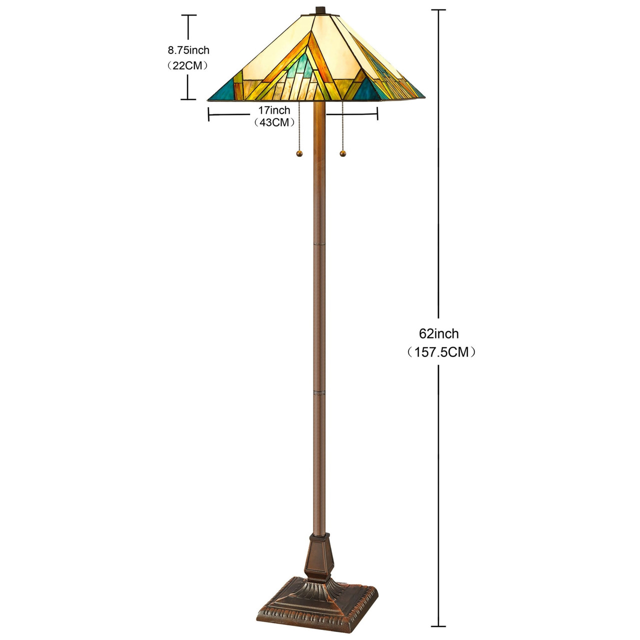62" Brown Two Light Traditional Shaped Floor Lamp With Beige Green And Blue Geometric Stained Glass