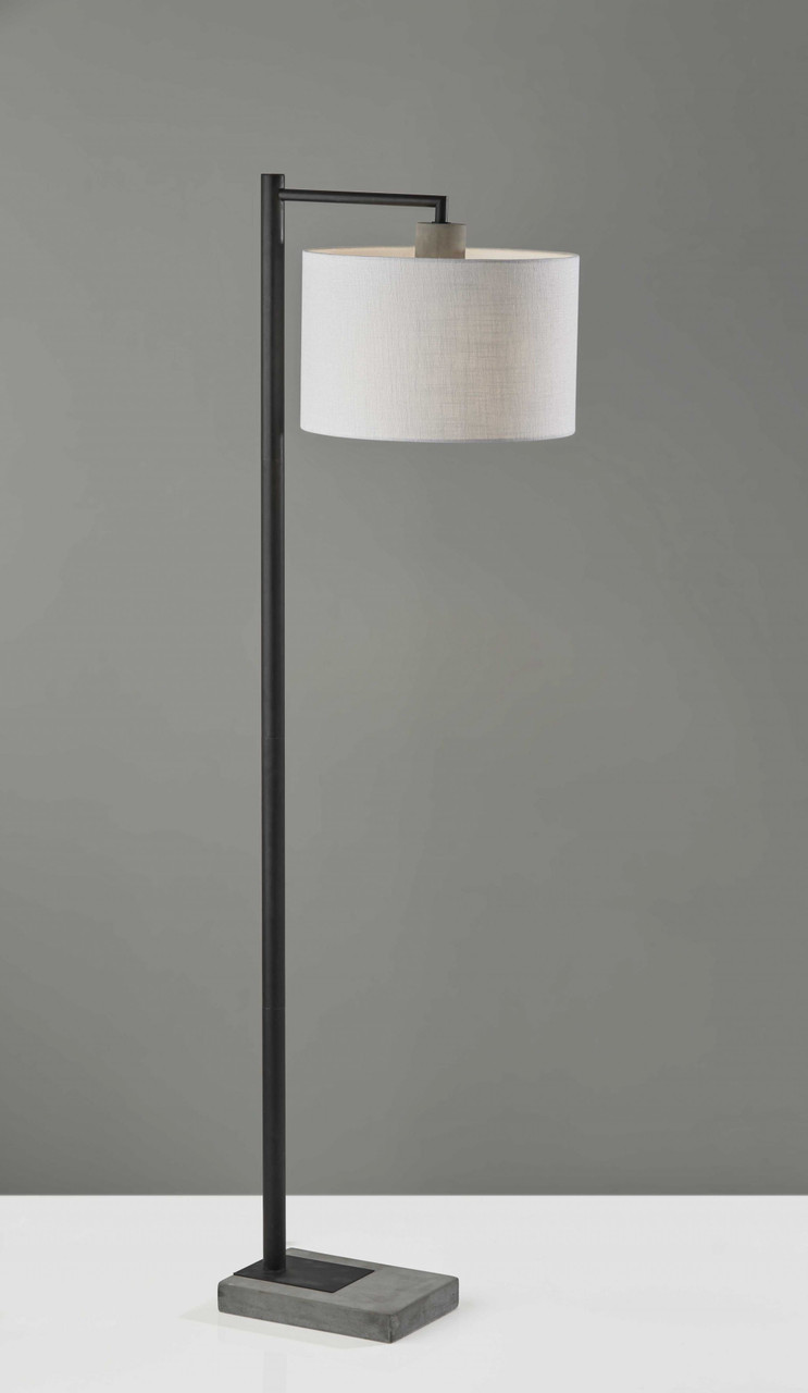 61" Grey And Black Arc Floor Lamp With White Fabric Drum Shade